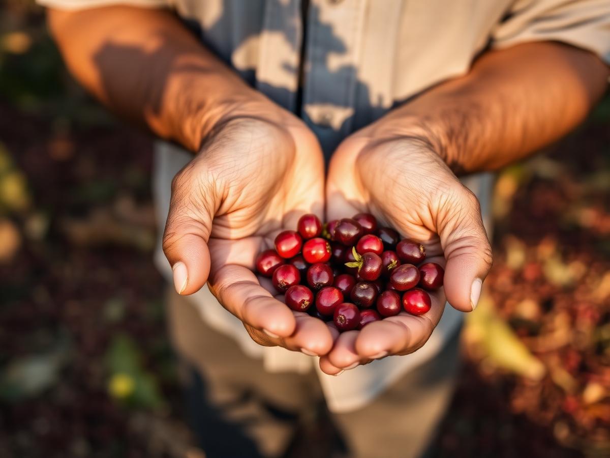 Gayo farmer holding fresh red coffee cherries